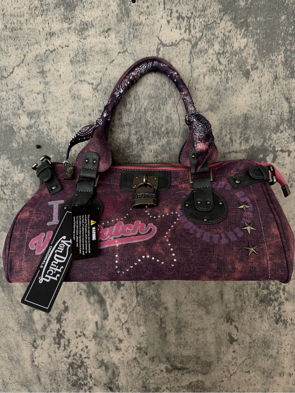 Von Dutch Purple and Pink Canvas Satchel with Star Studs